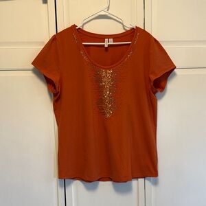 Relativity Burnt Orange Sequin Short Sleeve Top